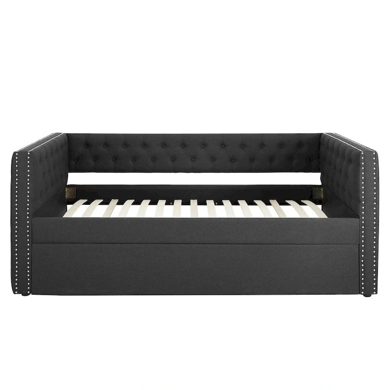 Lit de repos capitonné mi-siècle noir/marron avec 2 tiroirs - Siège simple