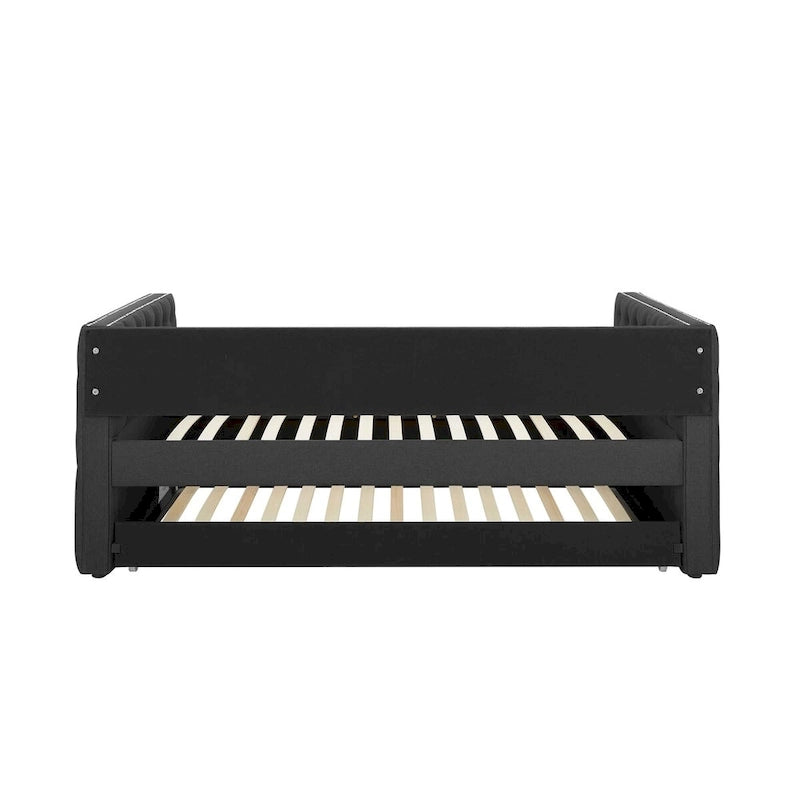 Lit de repos capitonné mi-siècle noir/marron avec 2 tiroirs - Siège simple