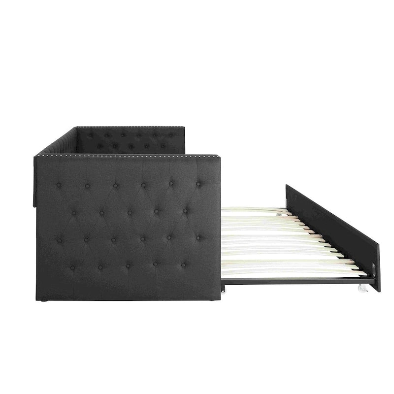 Lit de repos capitonné mi-siècle noir/marron avec 2 tiroirs - Siège simple