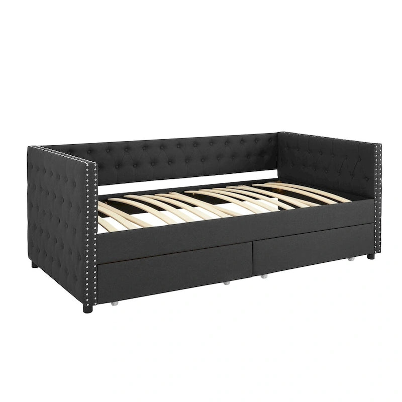 Lit de repos capitonné mi-siècle noir/marron avec 2 tiroirs - Siège simple