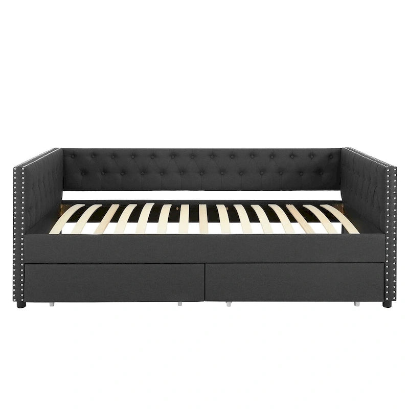 Lit de repos capitonné mi-siècle noir/marron avec 2 tiroirs - Siège simple