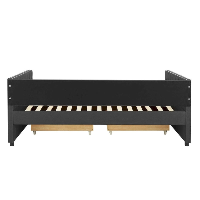 Lit de repos capitonné mi-siècle noir/marron avec 2 tiroirs - Siège simple