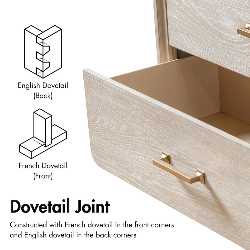 Commode de style transitionnel en bois massif chêne clair à 7 tiroirs avec pieds en métal doré - Usage unique