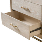 Commode de style transitionnel en bois massif chêne clair à 7 tiroirs avec pieds en métal doré - Usage unique