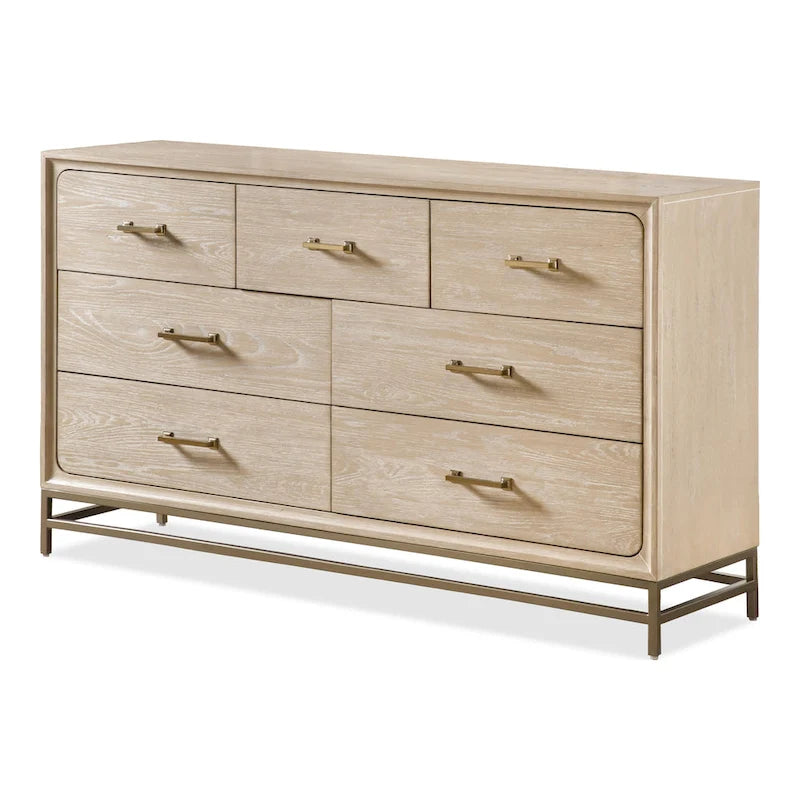 Commode de style transitionnel en bois massif chêne clair à 7 tiroirs avec pieds en métal doré - Usage unique