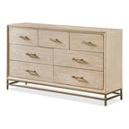 Commode de style transitionnel en bois massif chêne clair à 7 tiroirs avec pieds en métal doré - Usage unique