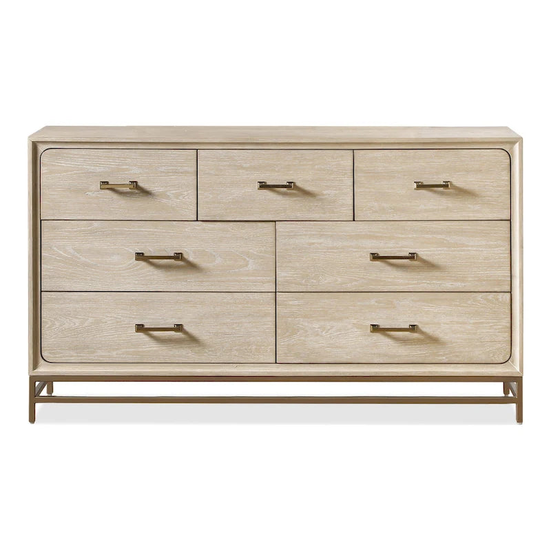 Commode de style transitionnel en bois massif chêne clair à 7 tiroirs avec pieds en métal doré - Usage unique