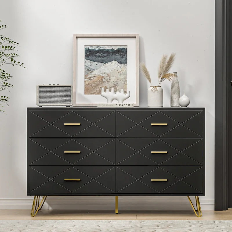 Commode cannelée noire/blanche à 6 tiroirs avec poignées dorées - Usage unique