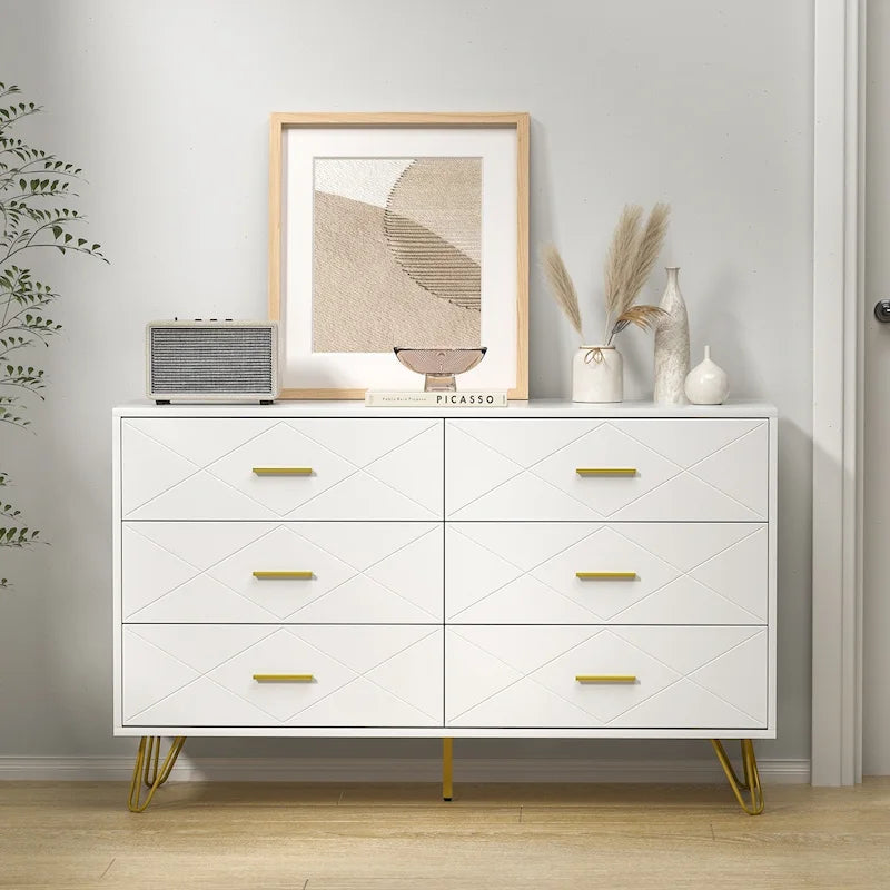 Commode cannelée noire/blanche à 6 tiroirs avec poignées dorées - Usage unique