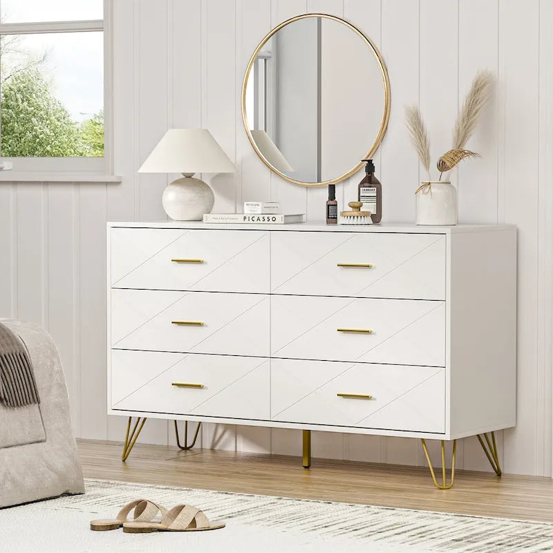 Commode cannelée noire/blanche à 6 tiroirs avec poignées dorées - Usage unique