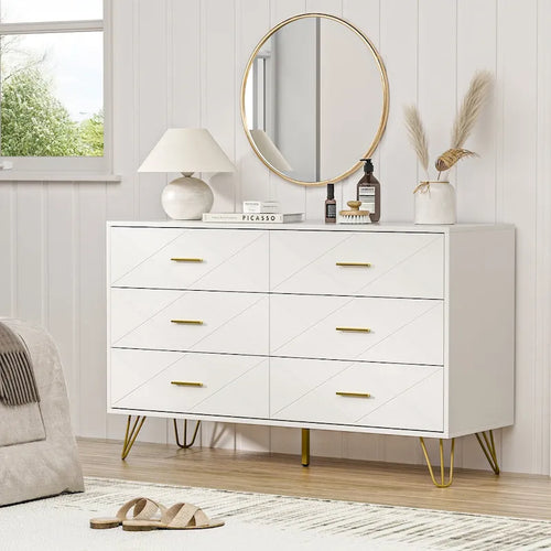 Commode cannelée noire/blanche à 6 tiroirs avec poignées dorées - Usage unique