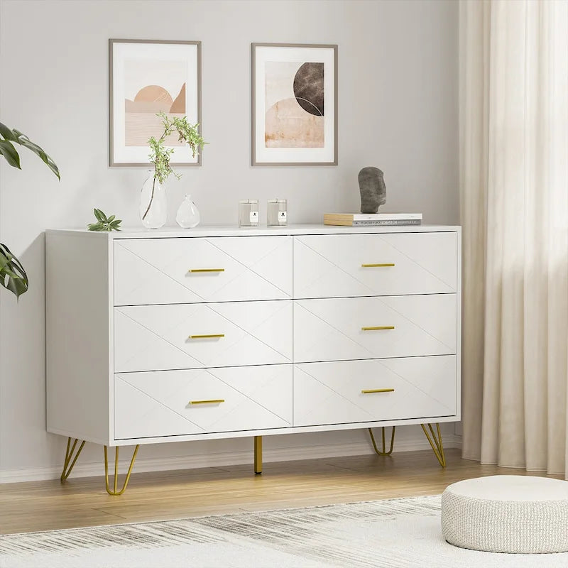 Commode cannelée noire/blanche à 6 tiroirs avec poignées dorées - Usage unique