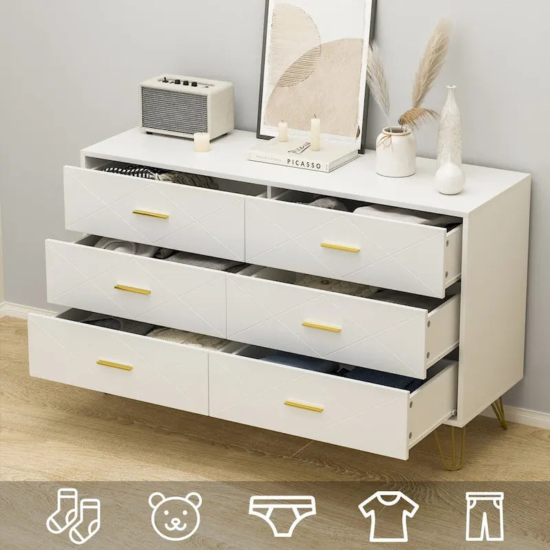 Commode cannelée noire/blanche à 6 tiroirs avec poignées dorées - Usage unique