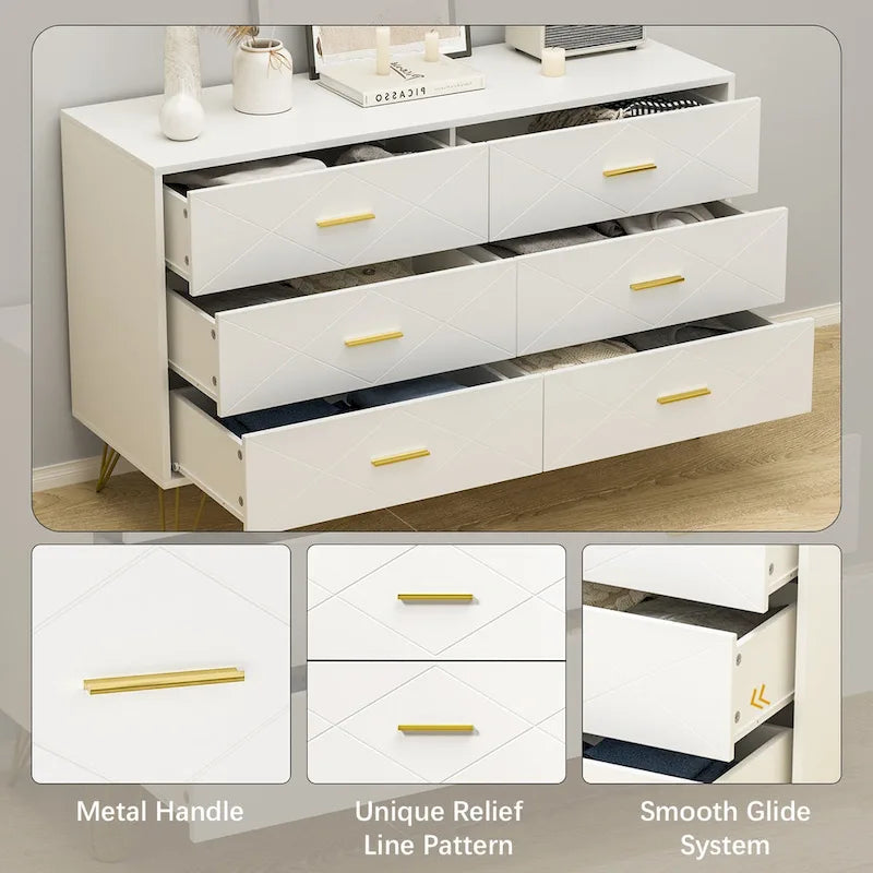 Commode cannelée noire/blanche à 6 tiroirs avec poignées dorées - Usage unique