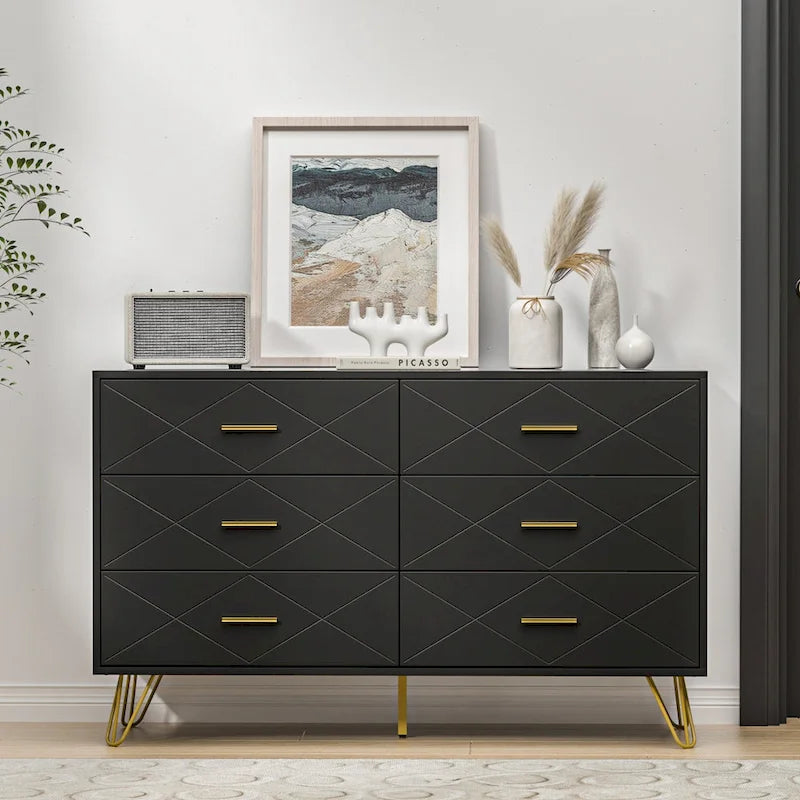 Commode cannelée noire/blanche à 6 tiroirs avec poignées dorées - Usage unique
