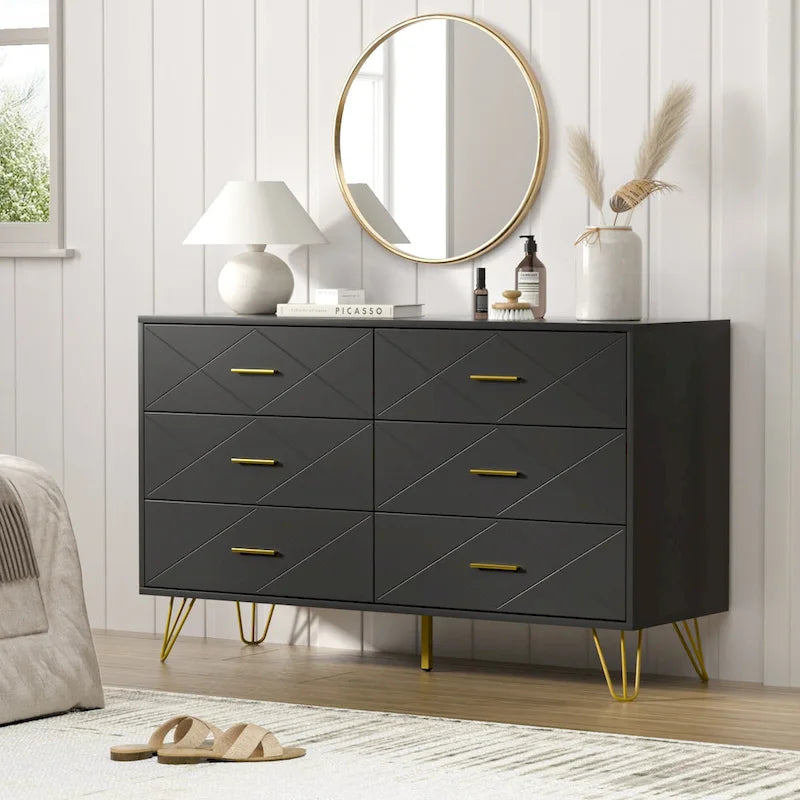 Commode cannelée noire/blanche à 6 tiroirs avec poignées dorées - Usage unique