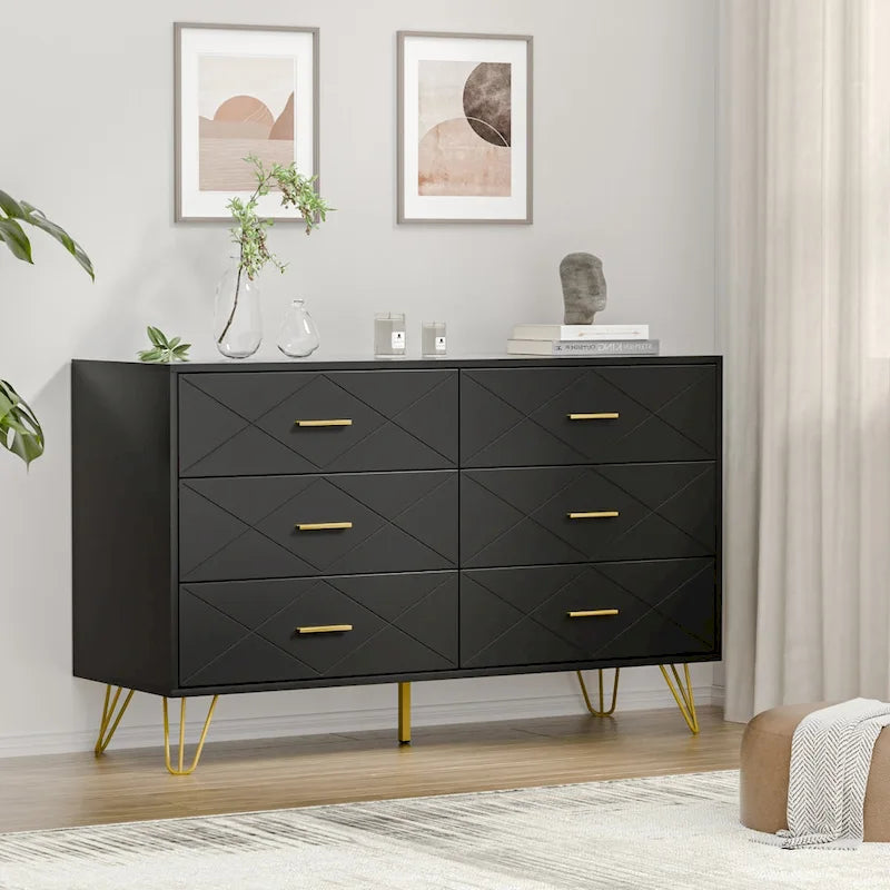 Commode cannelée noire/blanche à 6 tiroirs avec poignées dorées - Usage unique