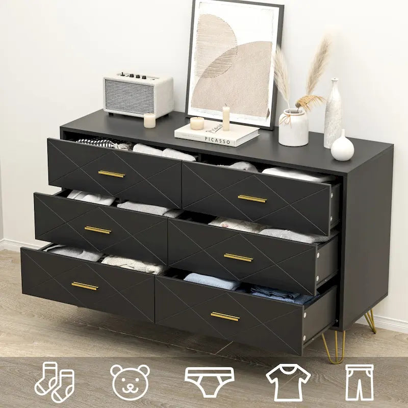 Commode cannelée noire/blanche à 6 tiroirs avec poignées dorées - Usage unique