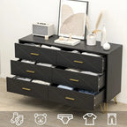Commode cannelée noire/blanche à 6 tiroirs avec poignées dorées - Usage unique