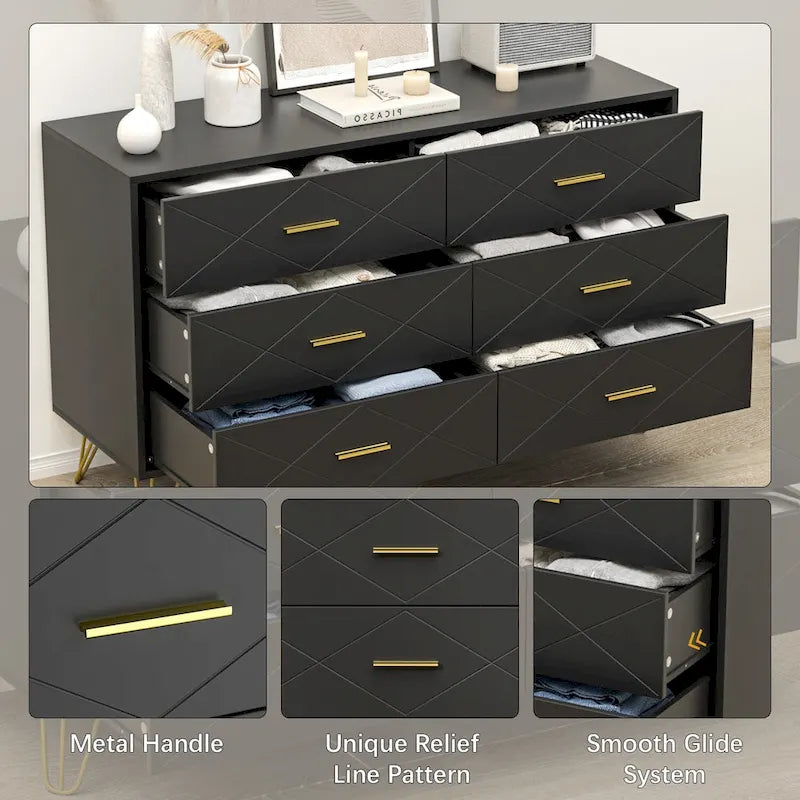Commode cannelée noire/blanche à 6 tiroirs avec poignées dorées - Usage unique