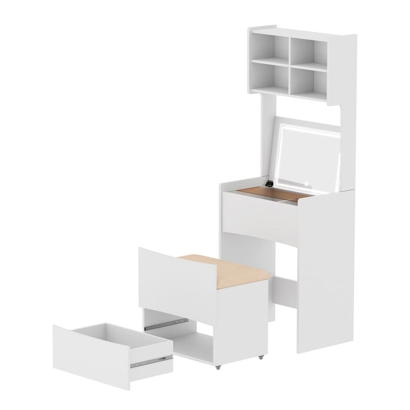 Coiffeuse noire/blanche avec miroir LED rabattable et tabouret rembourré - Usage unique