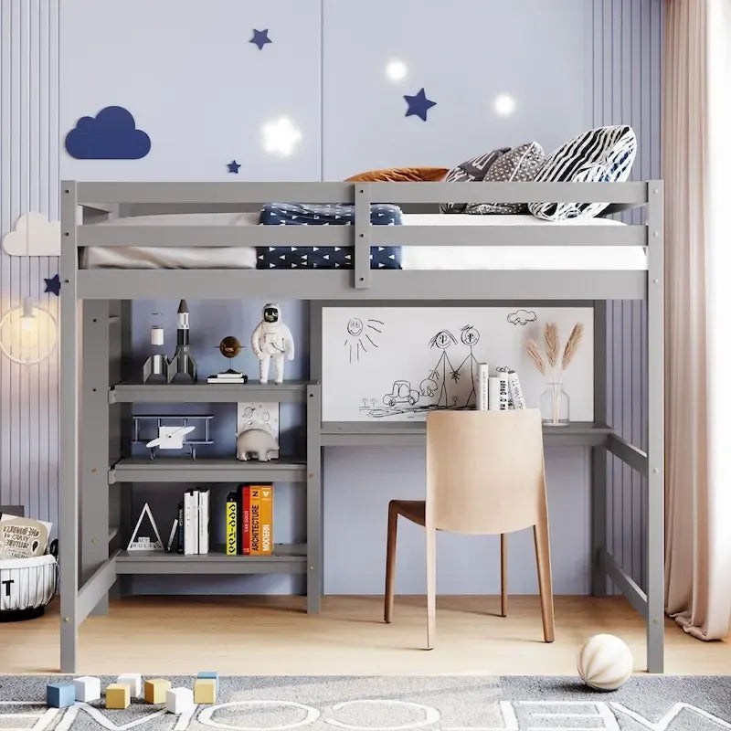 Lit mezzanine gris/blanc en pin avec étagères, bureau et tableau d'écriture – Usage unique