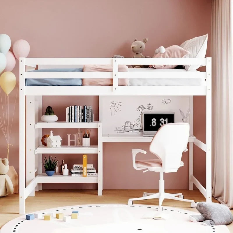 Lit mezzanine gris/blanc en pin avec étagères, bureau et tableau d'écriture – Usage unique