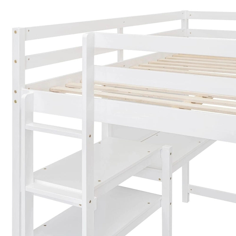 Lit mezzanine gris/blanc en pin avec étagères, bureau et tableau d'écriture – Usage unique
