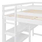 Lit mezzanine gris/blanc en pin avec étagères, bureau et tableau d'écriture – Usage unique