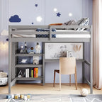 Lit mezzanine gris/blanc en pin avec étagères, bureau et tableau d'écriture – Usage unique
