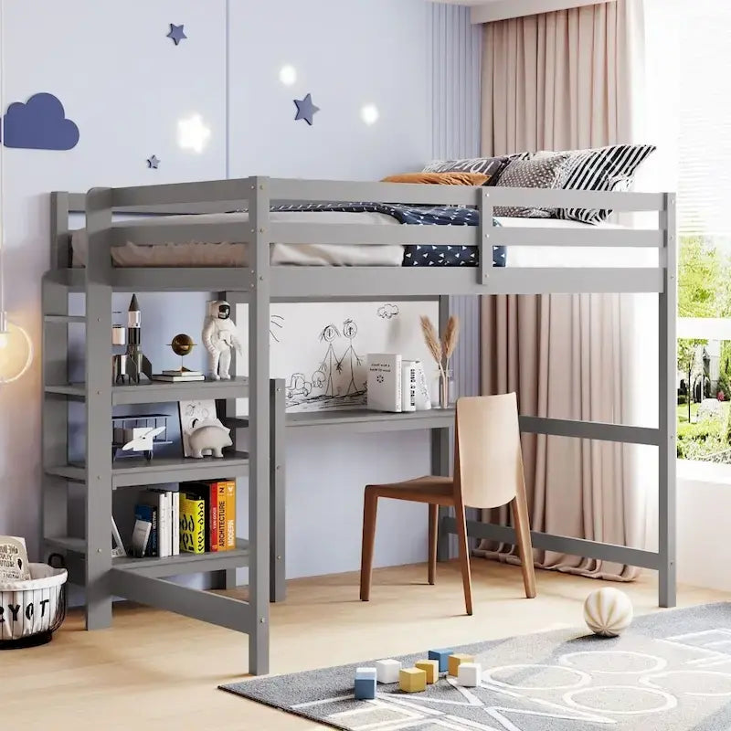 Lit mezzanine gris/blanc en pin avec étagères, bureau et tableau d'écriture – Usage unique