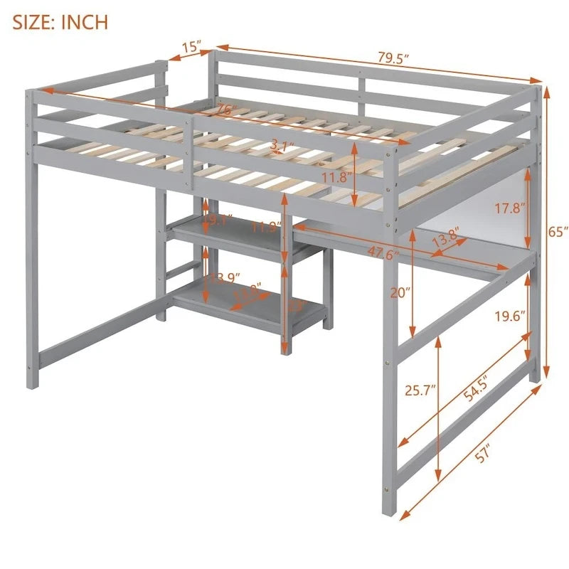 Lit mezzanine gris/blanc en pin avec étagères, bureau et tableau d'écriture – Usage unique