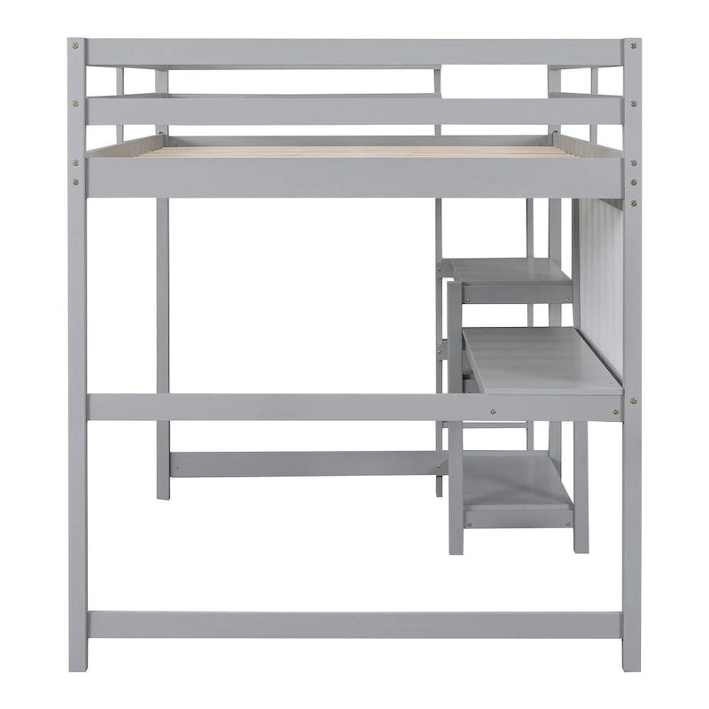 Lit mezzanine gris/blanc en pin avec étagères, bureau et tableau d'écriture – Usage unique