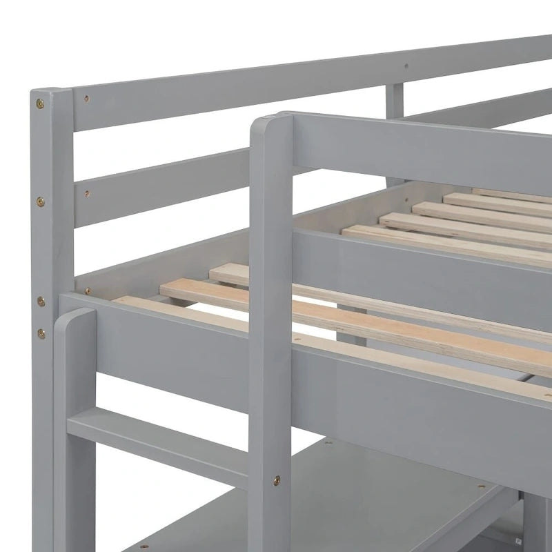Lit mezzanine gris/blanc en pin avec étagères, bureau et tableau d'écriture – Usage unique