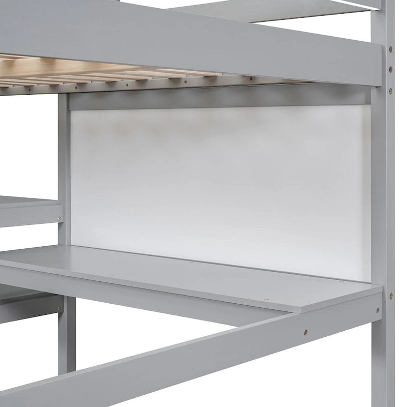 Lit mezzanine gris/blanc en pin avec étagères, bureau et tableau d'écriture – Usage unique