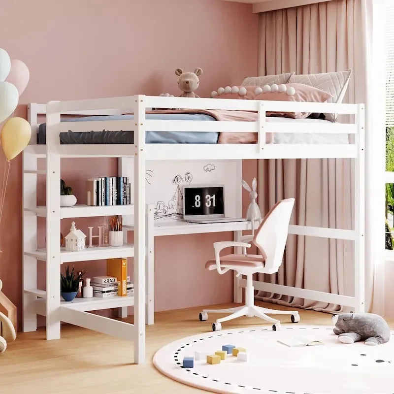 Lit mezzanine gris/blanc en pin avec étagères, bureau et tableau d'écriture – Usage unique