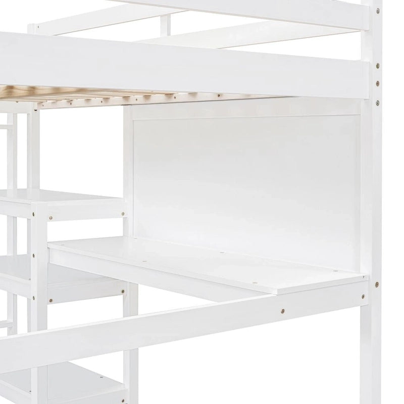Lit mezzanine gris/blanc en pin avec étagères, bureau et tableau d'écriture – Usage unique