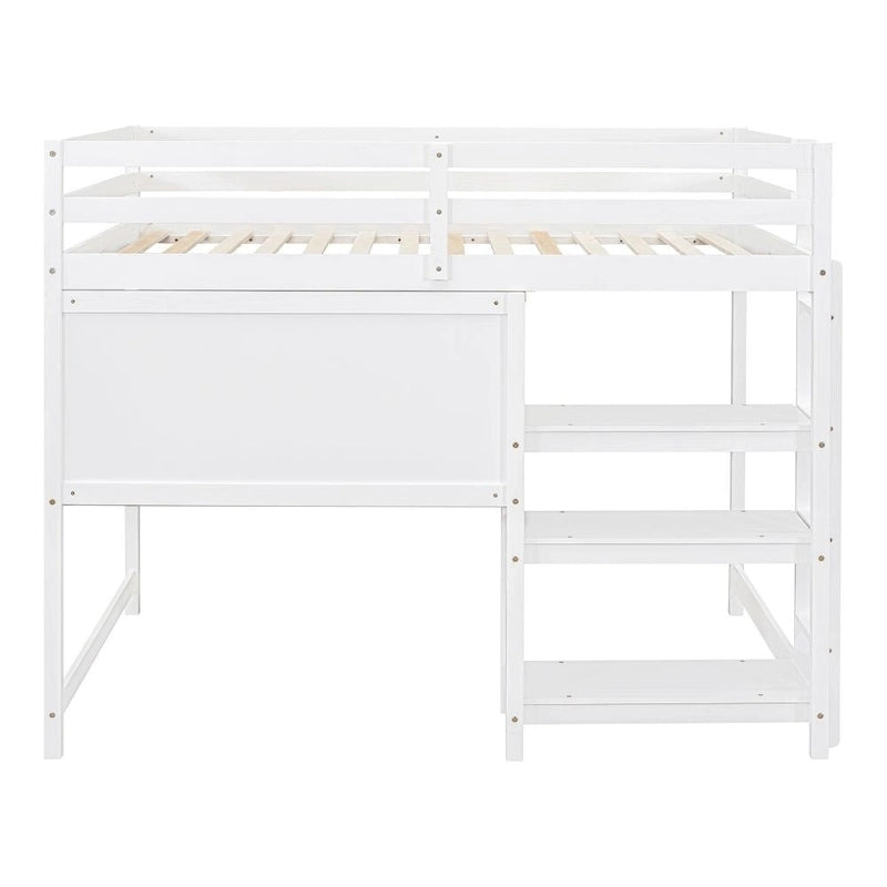 Lit mezzanine gris/blanc en pin avec étagères, bureau et tableau d'écriture – Usage unique