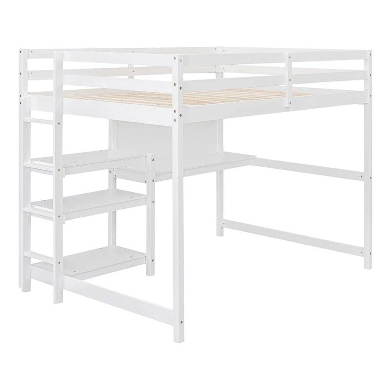 Lit mezzanine gris/blanc en pin avec étagères, bureau et tableau d'écriture – Usage unique