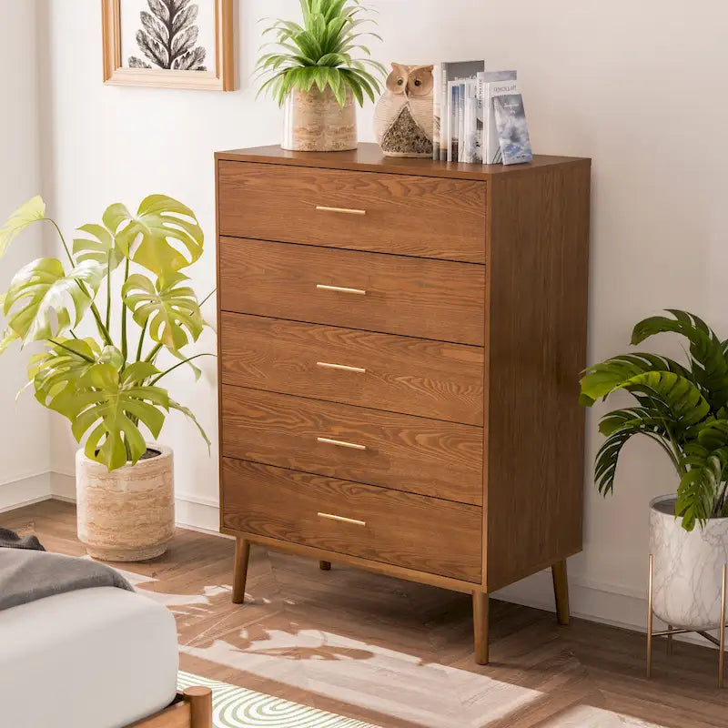 Commode en noyer à 5 tiroirs, style milieu de siècle, avec pieds fuselés - Usage unique