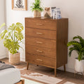 Commode en noyer à 5 tiroirs, style milieu de siècle, avec pieds fuselés - Usage unique