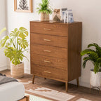 Commode en noyer à 5 tiroirs, style milieu de siècle, avec pieds fuselés - Usage unique