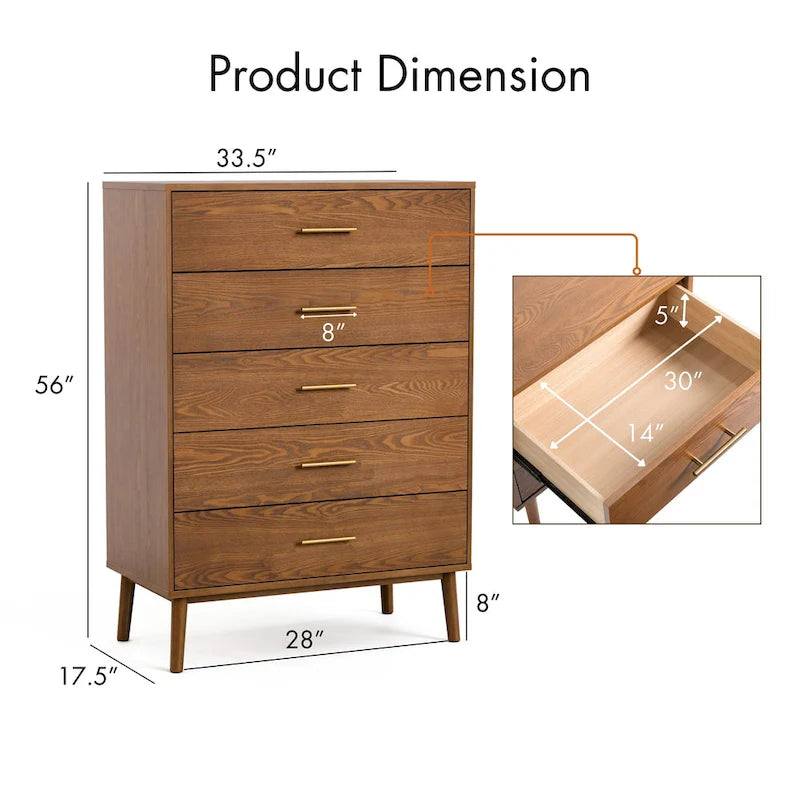 Commode en noyer à 5 tiroirs, style milieu de siècle, avec pieds fuselés - Usage unique
