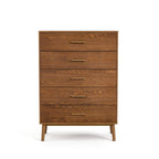 Commode en noyer à 5 tiroirs, style milieu de siècle, avec pieds fuselés - Usage unique