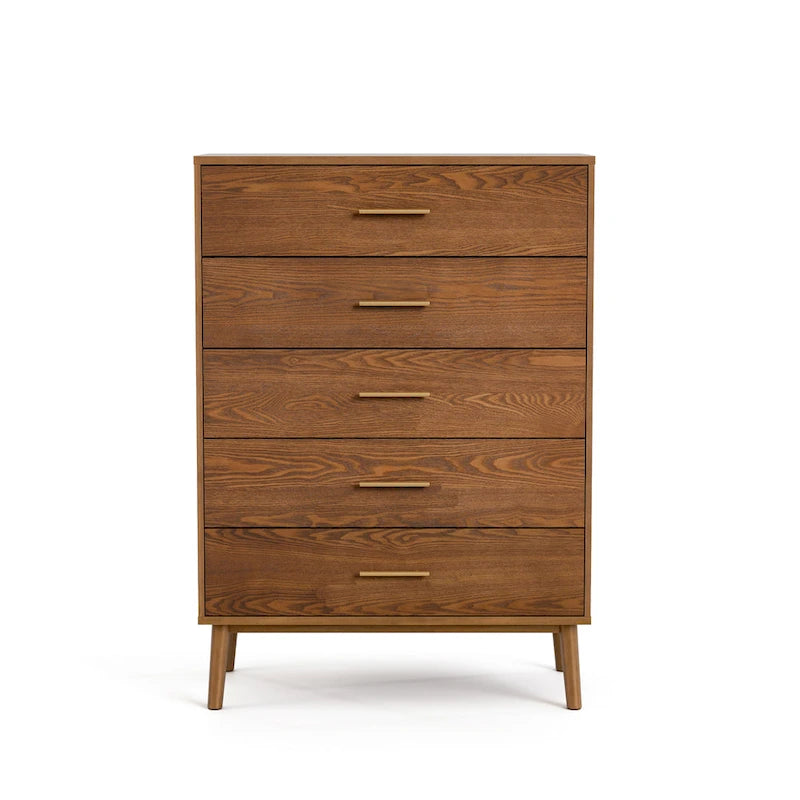 Commode en noyer à 5 tiroirs, style milieu de siècle, avec pieds fuselés - Usage unique