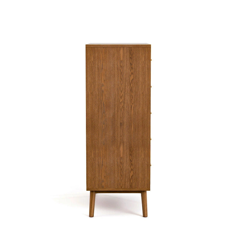 Commode en noyer à 5 tiroirs, style milieu de siècle, avec pieds fuselés - Usage unique