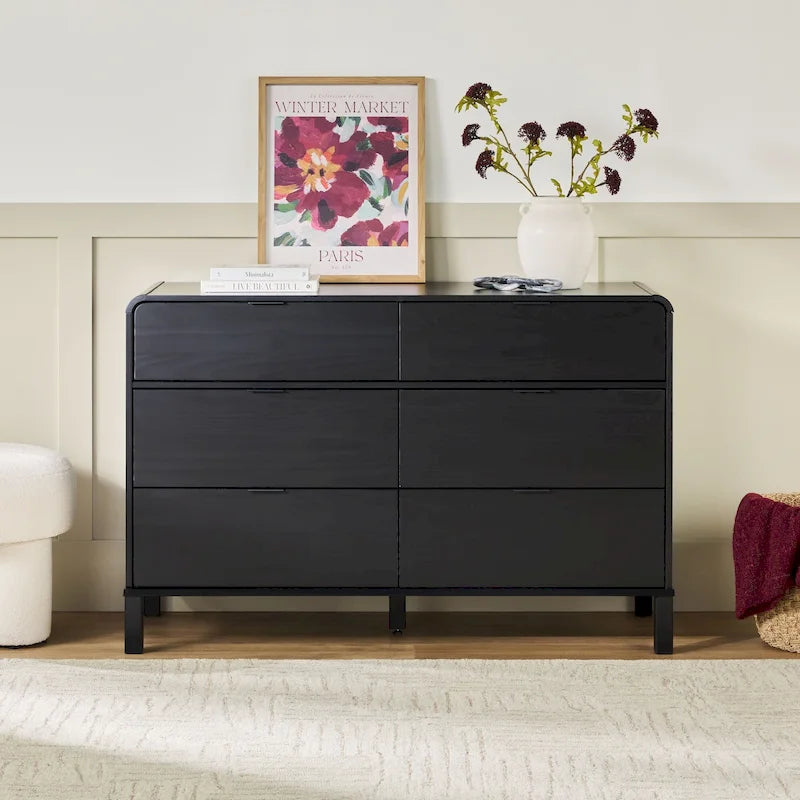 Commode 6 tiroirs en pin massif à plateau incurvé noir/marron – Usage unique