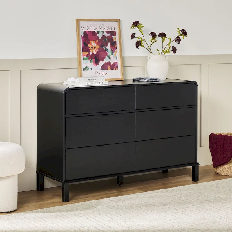 Commode 6 tiroirs en pin massif à plateau incurvé noir/marron – Usage unique