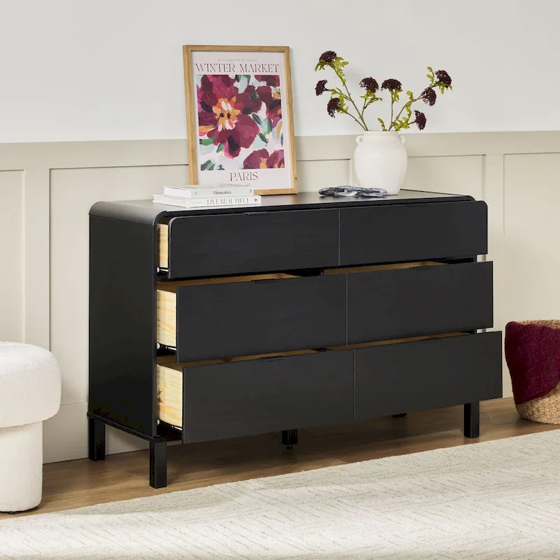 Commode 6 tiroirs en pin massif à plateau incurvé noir/marron – Usage unique