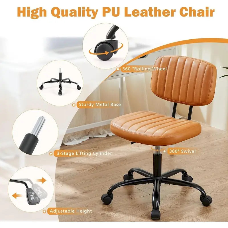 Chaise de bureau sans accoudoirs en cuir PU Gris / Marron / Blanc / Noir avec support lombaire et roulettes - Usage unique